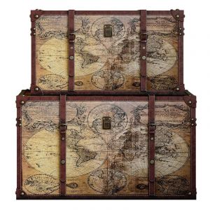 Lot de 2 malles en bois motif carte du monde - l. 69 x p. 43 x h. 40 cm et l. 59 x p. 36 x h. 33 cm - Marron - aventura