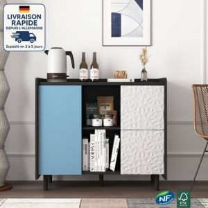 Buffet moderne, meuble de rangement avec tiroirs, panneaux &eacute;l&eacute;gants et niches ouvertes - meuble bar ou cuisine - (904080) bleu + noir