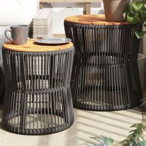VidaXL Tables d'Appoint de Jardin Dessus en Bois 2 pcs, Tables Basses, Meubles de Terrasse Patio Extérieur, Moderne, Gris Résine Tressée