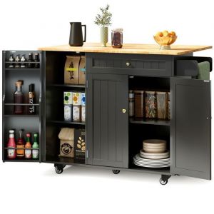 Desserte &Icirc;lot de Cuisine Bealife Chariot de Service Mobile avec Plan de Travail Pliable 1 Tiroir 3 Portes et 3 &Eacute;tag&egrave;res Noir 130 x 75 x88 cm