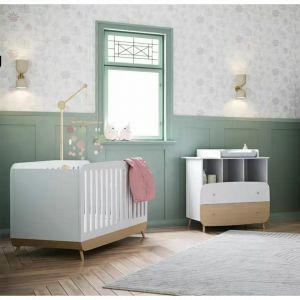 Demeyere Ensemble FIRMANIA lit bébé + plan à langer pour commode + commode 2 tiroirs et 3 niches - blanc et pin naturel