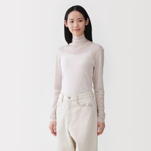 T-shirt &agrave; col roul&eacute; transparent &agrave; manches longues en m&eacute;lange de lyocell pour femme