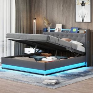 Lit rembourré LED 160x200 cm - lit coffre - avec port de chargement USB - tissu respectueux du lin - Gris