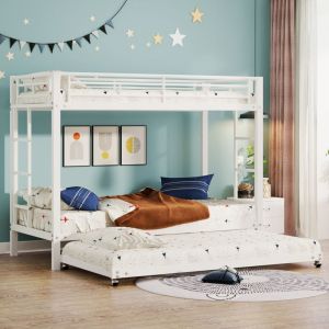 Lit superposé enfant 90 x 200 cm en fer avec lit gigogne, garde-corps hauts, blanc
