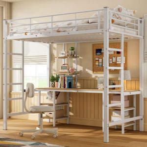 Lit mezzanine 90x200cm, sans matelas, MDF+métal, lit enfant avec bureau, blanc