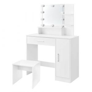 Ml-design - Coiffeuse Blanc avec Tabouret, Table de Maquillage avec Éclairage led, Miroir, Tiroir, 3 Compartiments, 90x38x137 cm, Armoire en Bois