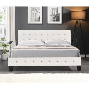 Lit avec Sommier 160x200 cm + Tête de Lit Capitonnée Couleur BLANC + Pieds en 10 cm - 13 Lattes