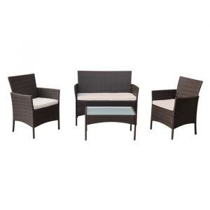 Happy Garden Salon de jardin CORFOU en r&eacute;sine tress&eacute;e marron 4 places - coussins beige Marron