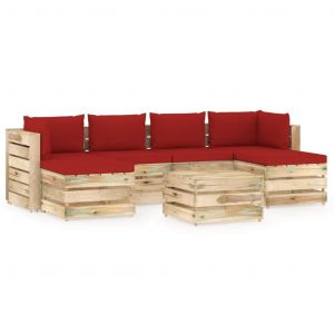 VidaXL Salon de jardin 7 pcs avec coussins Bois imprégné de vert rouge et marron
