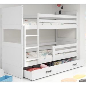 Interbeds - Lit superposé Rico 90x200 Bois Massif, Pin, Barrière, Sommier, Tiroir, Séparable en 2 lit (Blanc)
