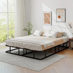 Image de Lit Queen 140 X 200 Cm Avec Sommier Costway, 2 Personnes, Support À Lattes En Métal, Structure De Lit H26cm Avec Rangement Sous Lit