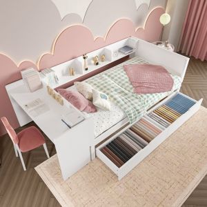 Lits 2 tiroirs 90x200cm, lits enfants, avec bureau et rangements ouverts, sans matelas, pin, blanc