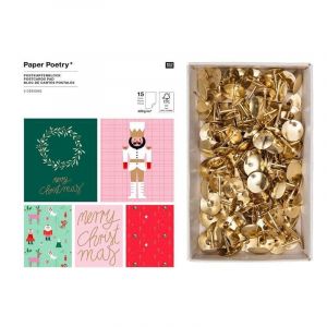 Bloc cartes postales 15 feuilles Christmas + 150 punaises dorées Rico Design