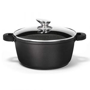 Image de Satoshi Faitout Marbre 28 cm Tous Feux Induction - Antiadh&eacute;sif, Couvercle en Verre et Protections en Silicone pour les Poign&eacute;es