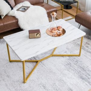 Table Basse Imprimée Marbre 107 x 60 x 45.5 cm (l x l x h) Moderne Piètement Métal Doré avec Patins Ajustables pour Salon - Costway