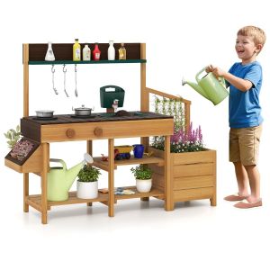 Cuisine en bois pour enfants avec jardini&egrave;re et robinet d'eau - &eacute;vier et plaques de cuisson extractibles - 115 x 34,5 x 92 cm - Naturel/Marron