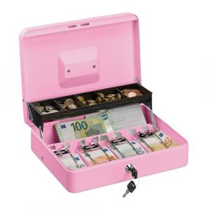 Relaxdays Caisse à monnaie, verrouillable, compartiments pour pièces et billets, fer, hlp 8,5 x 30,5 x 24,5 cm, rose