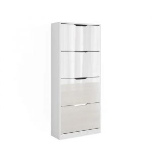 Le basculeur à chaussures Luca, blanc/blanc brillant, 59x137cm avec 4 tiroirs rabattables, Vicco