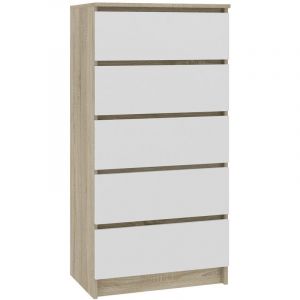 Image de Hucoco SKANDI Commode contemporaine chambre + salon + bureau 121x60x40 cm 5 tiroirs Design moderne Chiffonier Semainier ma/Blanc