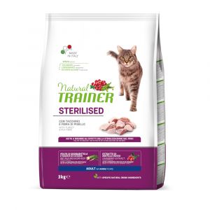 Trainer Nourriture naturelle st&eacute;rilis&eacute;e pour chat adulte, nourriture s&egrave;che avec dinde et fibre de pois, 3 kg