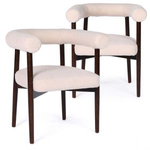Lot de 2 chaises style scandinave chic Bringo Bois foncé et Tissu bouclette Beige