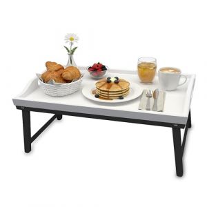 Relaxdays Plateau de lit, Bambou, H x L x P : 20 x 50 x 30 cm, avec Pieds, Petit-d&eacute;jeuner au lit, Blanc/Gris