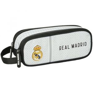 Safta Real Madrid 1ère équipe 24/25 Trousse Double pour Enfant, idéale pour Les Enfants d'âge Scolaire, Confortable et Polyvalente, qualité et résistance, 21 x 6 x 8 cm, Blanc/Gris, Blanc/Gris,
