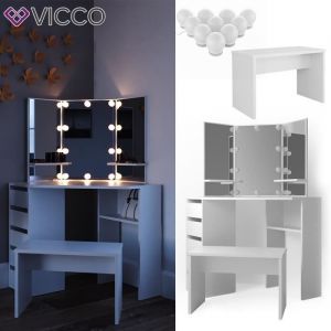 Vicco - Coiffeuse d'angle "Arielle" Blanc avec banc et éclairage led