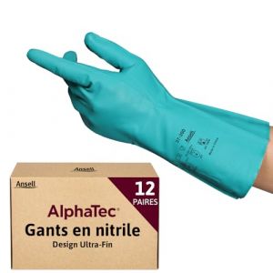Ansell AlphaTec 37-300 Gants de Travail en Nitrile, Longs et Réutilisables, Résistance Chimique et Contact Alimentaire, Protection Professionnelle Multiusage, Vert, Taille M (12 Paires)