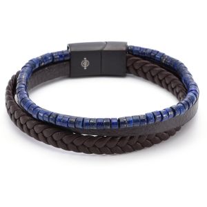 Bracelet Cuir Marron Lisse Et Tressé Avec Perle De Heishi Lapis Lazuli