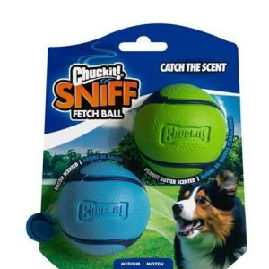 Chuckit! – Sniff Fetch Ball Duo – 2 Balles à Poursuivre pour Chien – 2 Balles au Parfum de Bacon et de Beurre de Cacahuète – Compatible avec Les Lanceurs Taille Medium – Diamètre de 6,5 cm