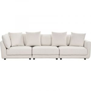 Beliani Canapé 3 places avec Ottoman en Tissu Blanc Cassé et Bois d'Eucalyptus 4 Oreillers Inclus Sigtuna