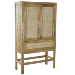 Buffet haut meuble de rangement en bois de manguier marron foncé et rotin coloris naturel - Longueur 90 x Hauteur 160 x Profondeur 40 cm - marque PEGANE