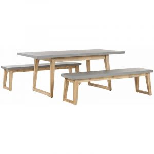 Beliani Set de jardin table avec deux bancs en fibre-ciment gris et bois clair ORIA