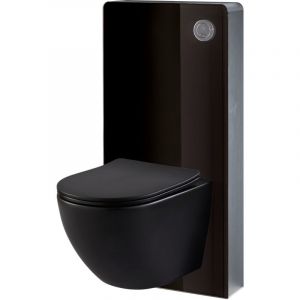 Pack WC suspendu gain de place bâti mural verre noir + cuvette sans bride noir mat corolla