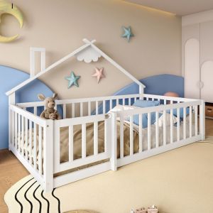 Lit cabane enfant 90x190 cm - avec barri&egrave;res de s&eacute;curit&eacute; - bois massif - blanc (sans matelas)