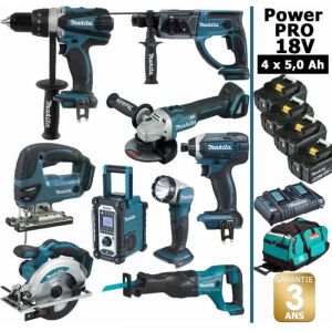 Makita Pack Power PRO 9 outils 18V: Perceuse DDF458 + Perfo DHR202 + Meuleuse DGA504 + Visseuse à choc DTD152 + Scie sauteuse D...