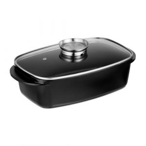 Relaxdays Plat à gratin avec Couvercle, cocotte 5 L, antiadhésif, Bouton arôme, pour plaques électriques & au gaz, Noir