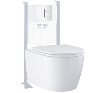 Grohe Pack WC suspendu sans bride Start Round Ceramic + Abattant frein de chute + Bati support mur + Plaque carr&eacute; blanc alpin