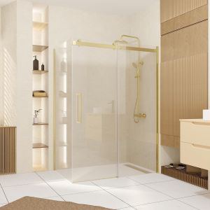 Aurlane Pack Porte de Douche Coulissante 140x200cm et Retour 90cm - Or Dor&eacute; Bross&eacute; et Verre tremp&eacute; 6mm