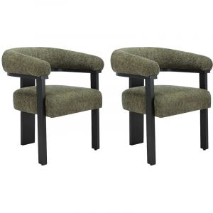 Lot de 2 chaises avec accoudoirs en tissu bouclette et bois d'h&eacute;v&eacute;a noir - Kaki - LIVELIA de Pascal MORABITO