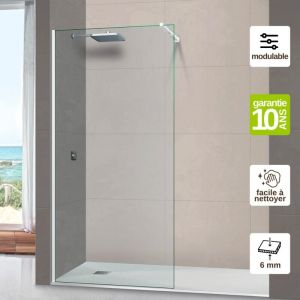 Superban - Pare douche fixe en verre s&eacute;curit&eacute; transparent &eacute;p 6mm anti calcaire, L.110H.195 cm, profil&eacute; blanc mat Mont Blanc cc