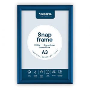EUROPEL Cadre Porte affiche clipsable A3, couleur bleue, Profil 25mm, Aluminium anodisé et protecteur anti-reflet, Dimensions extérieures 328x451 mm, Dos polystyrène gris