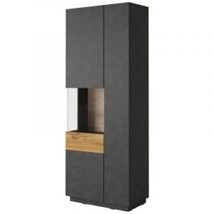 Vitrine, bibliothèque, vaisselier KILES coloris gris anthracite et chêne. Modèle vitrine gauche.