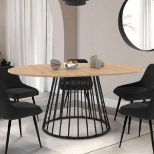 Idmarket Table à manger extensible ronde YUNA 6-8 personnes plateau bois et pied filaire en métal noir 110 - 150 cm