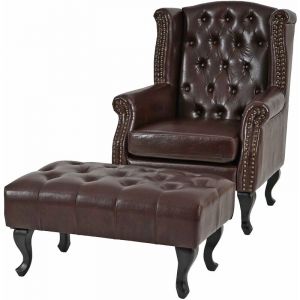 Décoshop26 Fauteuil de rela par ation Chesterfield en similicuir marron antique avec repose-pieds