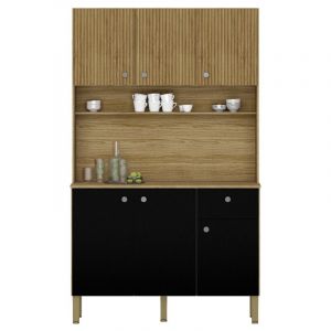 Buffet de Cuisine 6 Portes 1 Tiroir Chêne et Noir 7 Niches L 111 H 185 P 39.3 cm - L 111 x l 39.3 x H 185 cm