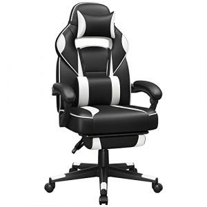 Songmics Fauteuil Gamer, Chaise Gaming, Siège de Bureau réglable, avec Repose-Pieds télescopique, Ergonomique, mécanisme basculent, Appui-tête, Support Lombaire, Charge 150 kg, Noir et Blanc OBG73BW