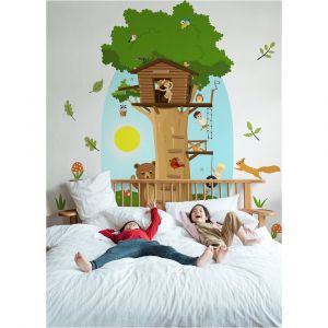 Plage Grand papier peint panoramique d&eacute;coup&eacute;, cabane pour enfant avec un arbre d&eacute;coup&eacute; et des animaux de la for&ecirc;t, 146,5 cm X 83 cm