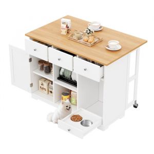 &Icirc;lot de cuisine,Chariot de cuisine, chariot de service mobile, avec tiroir, armoire de cuisine avec gamelle/espace repas pour animaux, 120x70x90 cm,